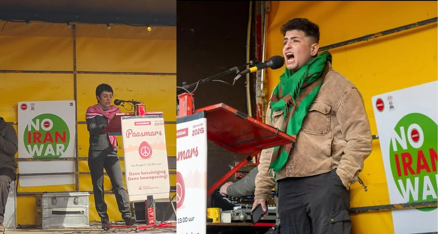 Speakers at the rally — "NO IRAN WAR" stage